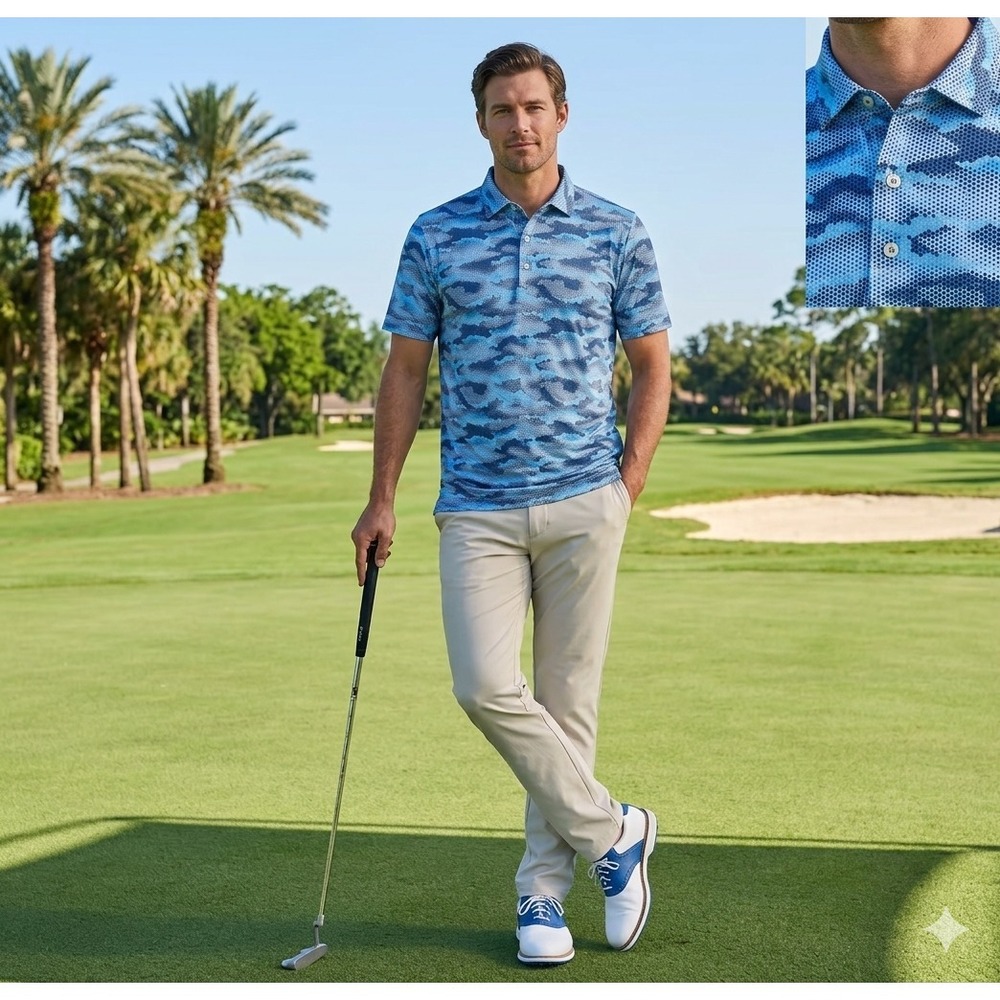 Johnnie O Performance Golf Mens Polo Shirt M Blue Geometric Camo Short Sleeve